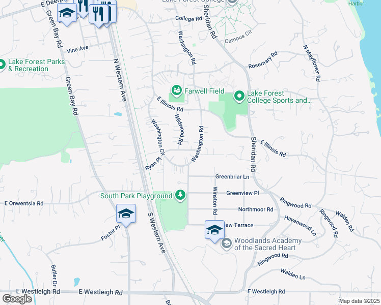 map of restaurants, bars, coffee shops, grocery stores, and more near 608 Ryan Place in Lake Forest