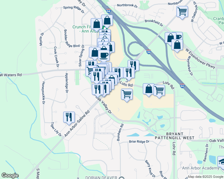 map of restaurants, bars, coffee shops, grocery stores, and more near 3143 Ann Arbor-Saline Road in Ann Arbor