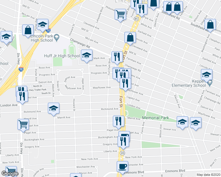 map of restaurants, bars, coffee shops, grocery stores, and more near 3057 Fort Park Boulevard in Lincoln Park