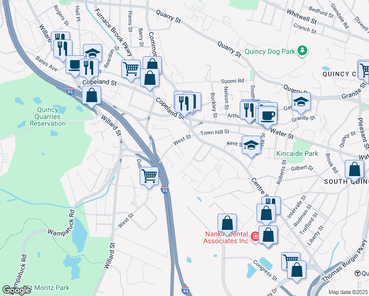 map of restaurants, bars, coffee shops, grocery stores, and more near 42 West Street in Quincy