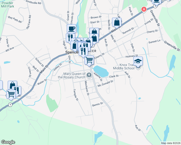 map of restaurants, bars, coffee shops, grocery stores, and more near 5 Chestnut Street in Spencer