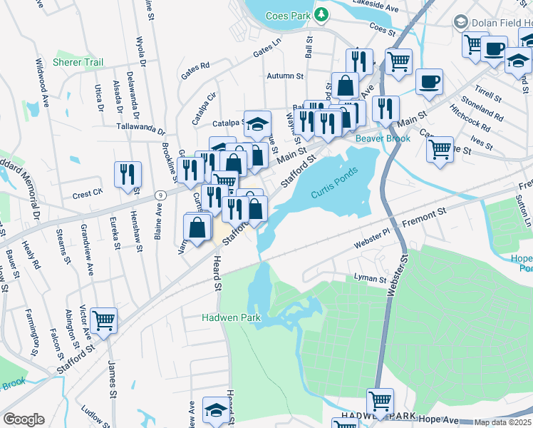 map of restaurants, bars, coffee shops, grocery stores, and more near 54 Stafford Street in Worcester
