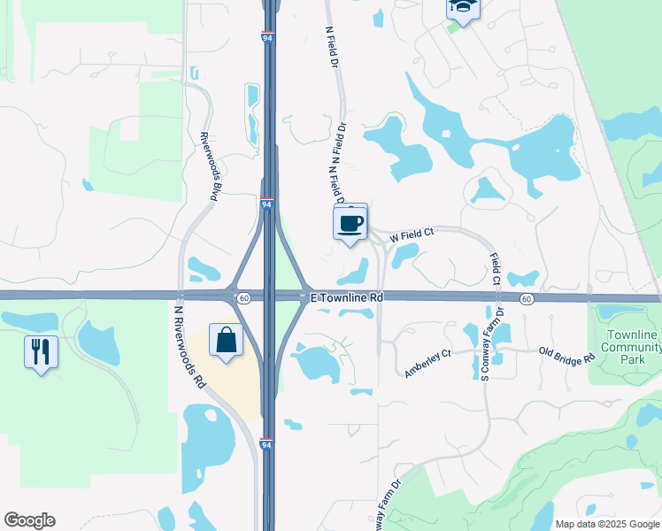 map of restaurants, bars, coffee shops, grocery stores, and more near 150 North Field Drive in Lake Forest