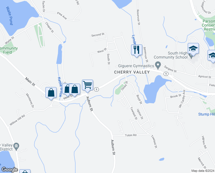 map of restaurants, bars, coffee shops, grocery stores, and more near 315 Main Street in Leicester