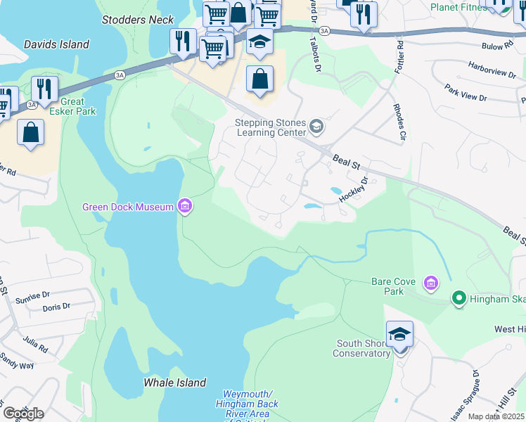 map of restaurants, bars, coffee shops, grocery stores, and more near 601 Tuckers Lane in Hingham