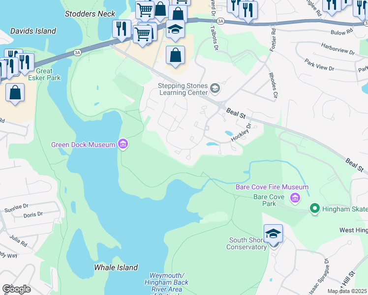 map of restaurants, bars, coffee shops, grocery stores, and more near 1306 Tuckers Lane in Hingham
