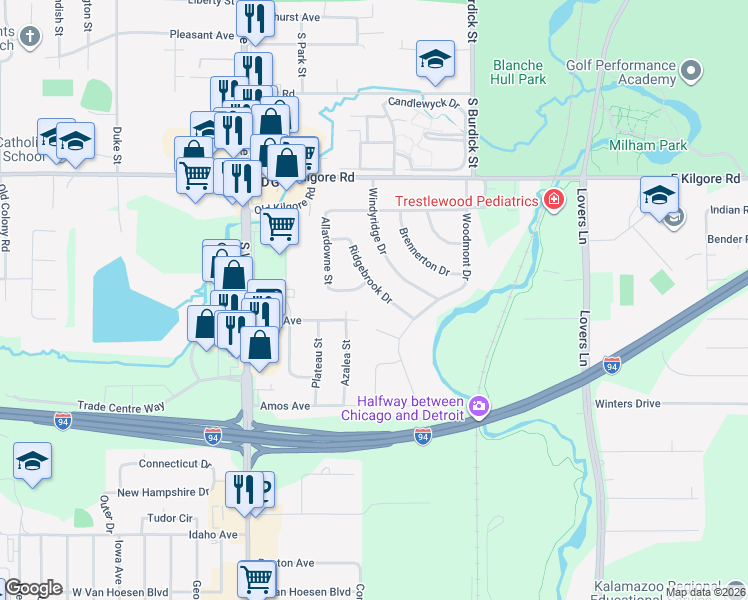 map of restaurants, bars, coffee shops, grocery stores, and more near 5220 Ridgebrook Drive in Portage