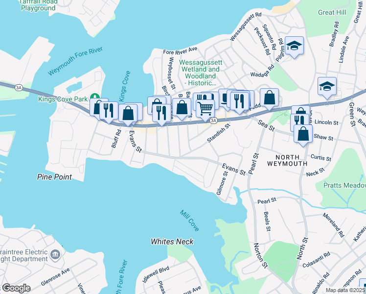 map of restaurants, bars, coffee shops, grocery stores, and more near 35 Princeton Avenue in Weymouth
