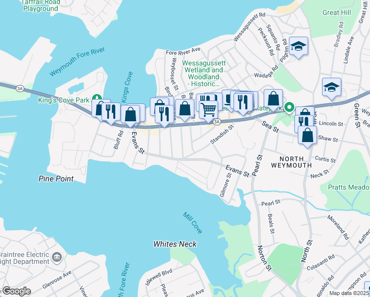 map of restaurants, bars, coffee shops, grocery stores, and more near 35 Princeton Avenue in Weymouth
