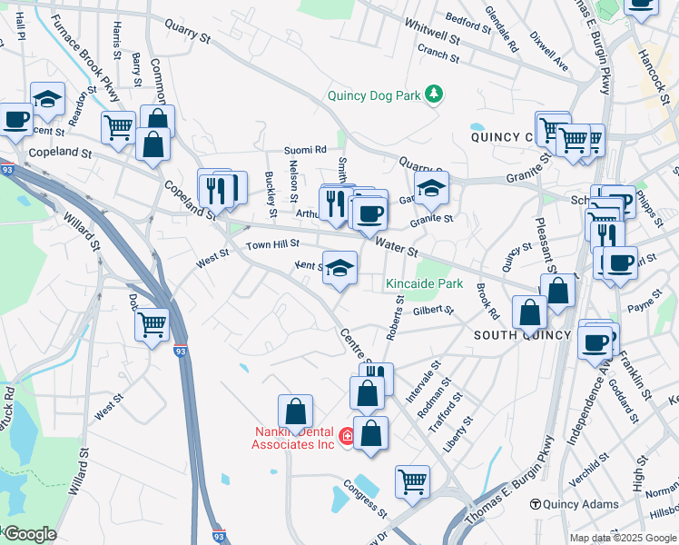 map of restaurants, bars, coffee shops, grocery stores, and more near 2 Town Hill Street in Quincy
