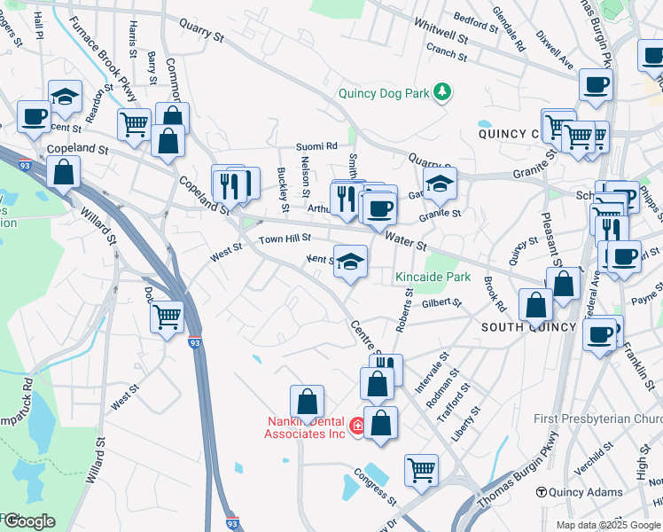 map of restaurants, bars, coffee shops, grocery stores, and more near 47 Kent Street in Quincy