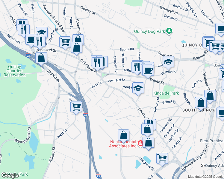 map of restaurants, bars, coffee shops, grocery stores, and more near 72 Centre Street in Quincy