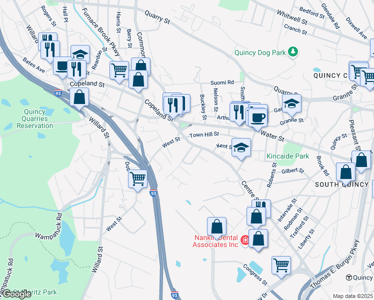 map of restaurants, bars, coffee shops, grocery stores, and more near 72 Centre Street in Quincy
