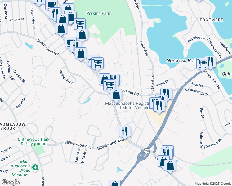 map of restaurants, bars, coffee shops, grocery stores, and more near in Worcester
