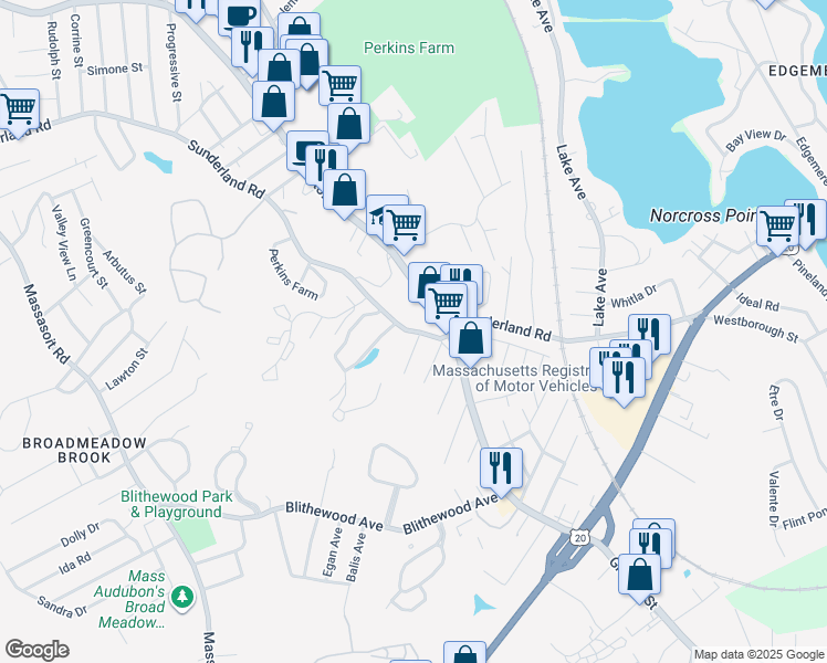 map of restaurants, bars, coffee shops, grocery stores, and more near 384 Sunderland Road in Worcester