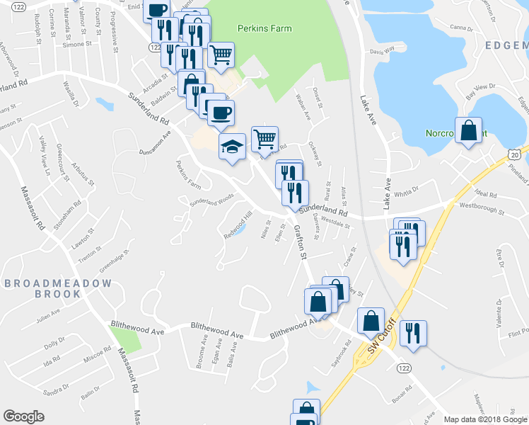 map of restaurants, bars, coffee shops, grocery stores, and more near 378 Sunderland Road in Worcester