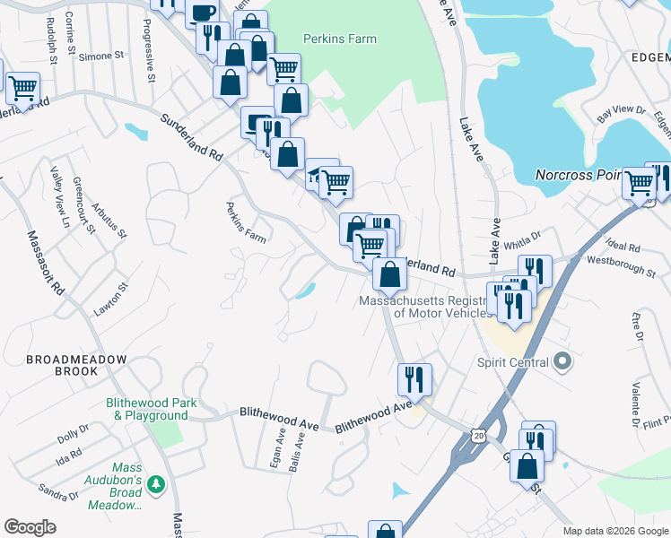 map of restaurants, bars, coffee shops, grocery stores, and more near 415 Sunderland Road in Worcester