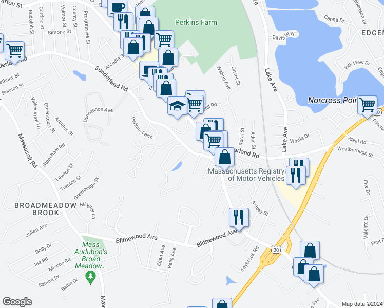 map of restaurants, bars, coffee shops, grocery stores, and more near 415 Sunderland Road in Worcester