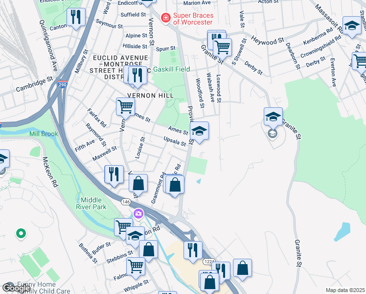 map of restaurants, bars, coffee shops, grocery stores, and more near 204 Massachusetts 122A in Worcester