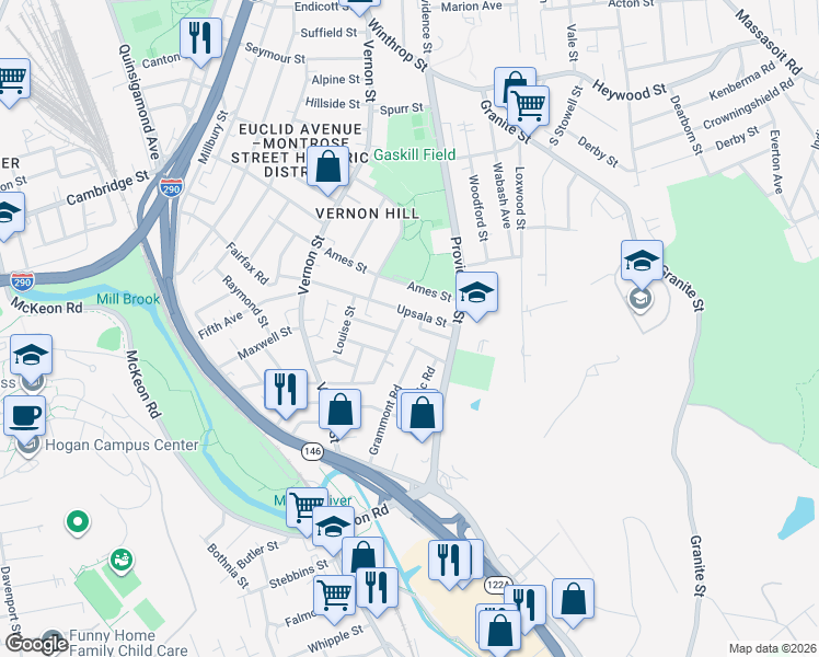 map of restaurants, bars, coffee shops, grocery stores, and more near 66 Upsala Street in Worcester
