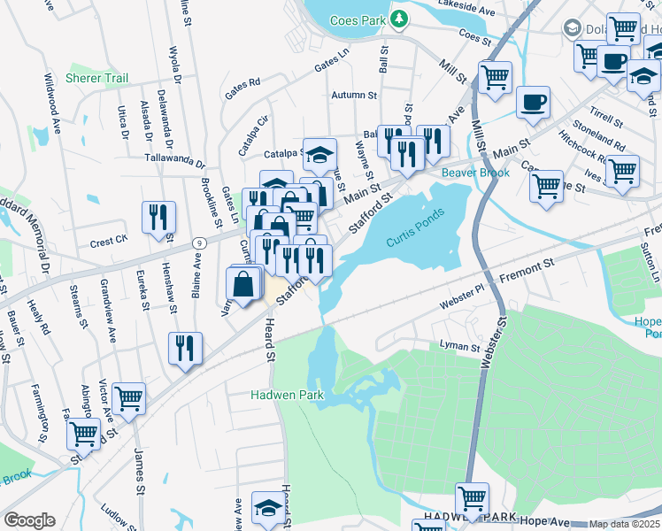 map of restaurants, bars, coffee shops, grocery stores, and more near 54 Stafford Street in Worcester
