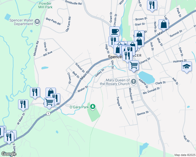 map of restaurants, bars, coffee shops, grocery stores, and more near 11 Mill Street in Spencer