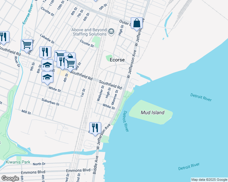 map of restaurants, bars, coffee shops, grocery stores, and more near 4469 High Street in Ecorse