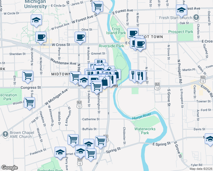 map of restaurants, bars, coffee shops, grocery stores, and more near in Ypsilanti