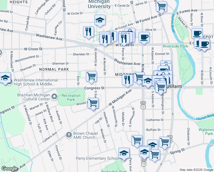 map of restaurants, bars, coffee shops, grocery stores, and more near 11 North Normal Street in Ypsilanti