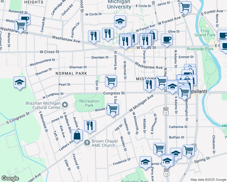 map of restaurants, bars, coffee shops, grocery stores, and more near 9 North Summit Street in Ypsilanti