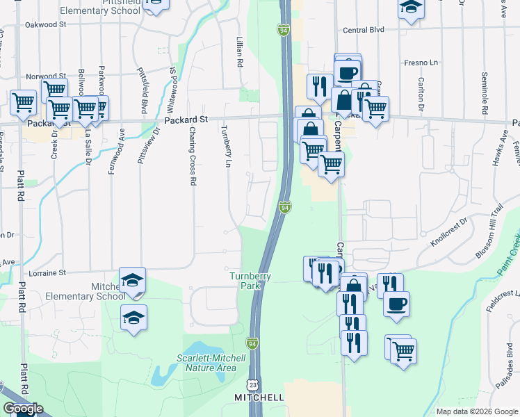 map of restaurants, bars, coffee shops, grocery stores, and more near 3084 Village Circle in Ann Arbor