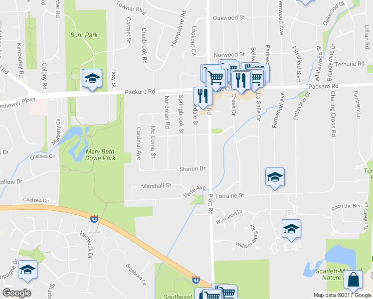 map of restaurants, bars, coffee shops, grocery stores, and more near 3250 Rosedale Street in Ann Arbor