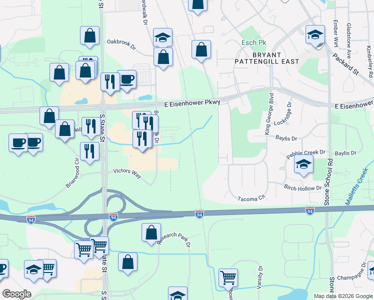 map of restaurants, bars, coffee shops, grocery stores, and more near 3265 Boardwalk Drive in Ann Arbor