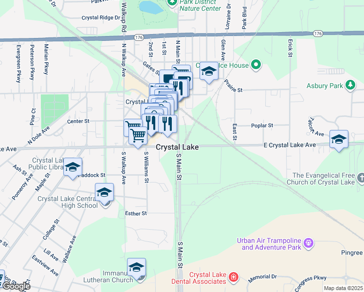 map of restaurants, bars, coffee shops, grocery stores, and more near in Crystal Lake