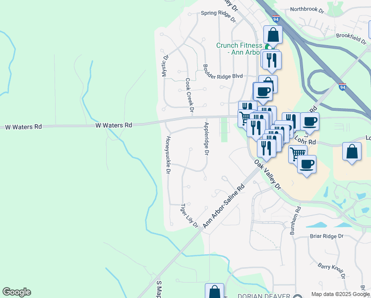 map of restaurants, bars, coffee shops, grocery stores, and more near 3118 Tiger Lily Court in Ann Arbor
