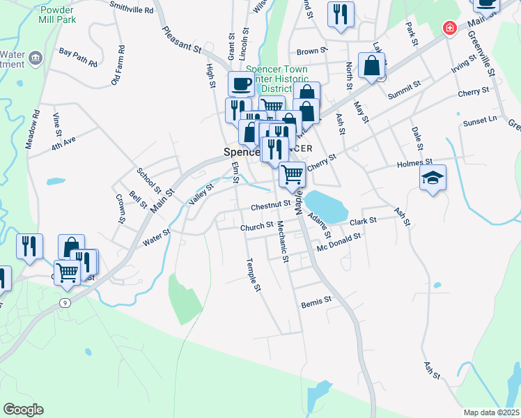 map of restaurants, bars, coffee shops, grocery stores, and more near 37 Chestnut Street in Spencer