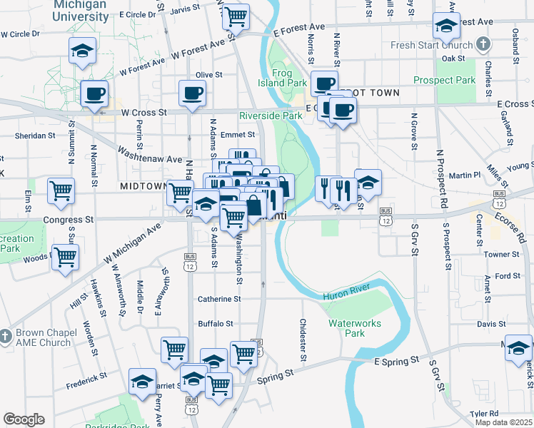 map of restaurants, bars, coffee shops, grocery stores, and more near in Ypsilanti