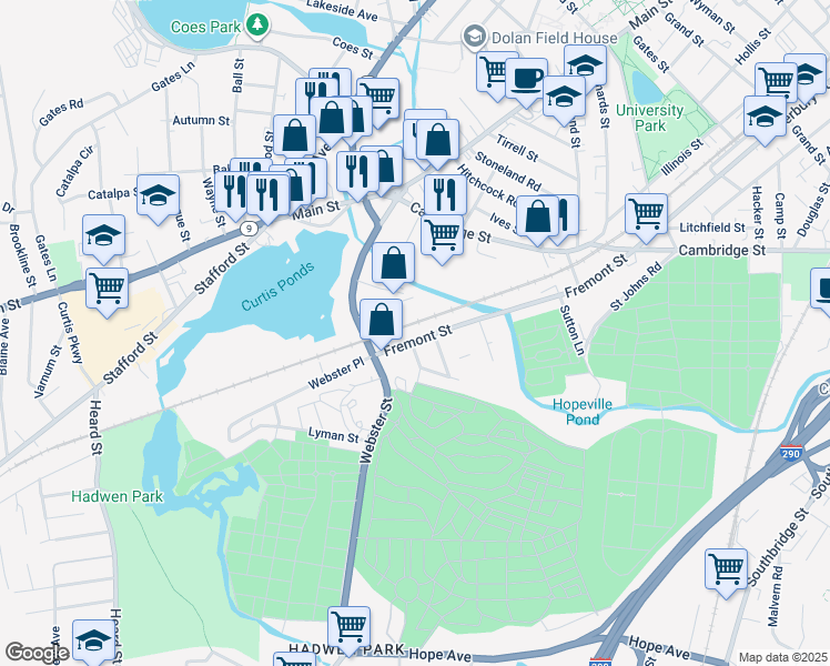 map of restaurants, bars, coffee shops, grocery stores, and more near 45 Fremont Street in Worcester