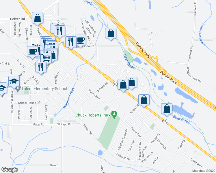 map of restaurants, bars, coffee shops, grocery stores, and more near 409 E Rapp Rd in Talent