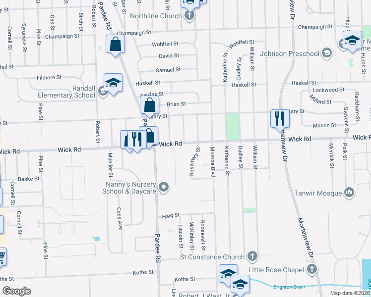 map of restaurants, bars, coffee shops, grocery stores, and more near 22122 Wick Road in Taylor
