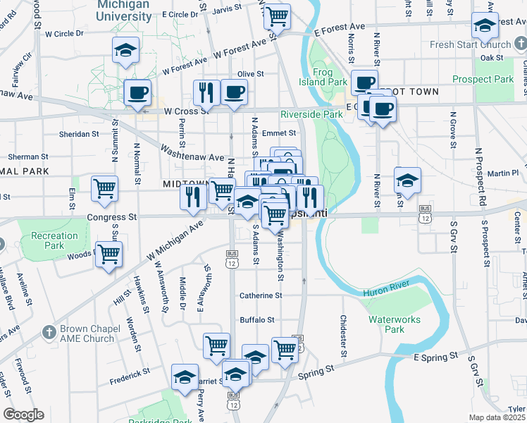 map of restaurants, bars, coffee shops, grocery stores, and more near in Ypsilanti