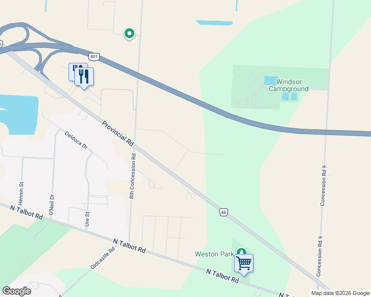 map of restaurants, bars, coffee shops, grocery stores, and more near Joachim Drive in Tecumseh