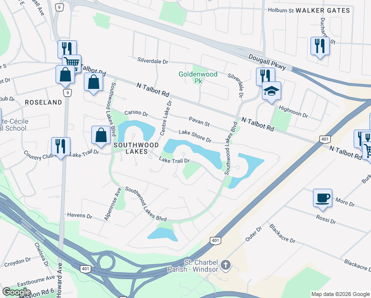 map of restaurants, bars, coffee shops, grocery stores, and more near 4572 Lake Grande Court in Windsor