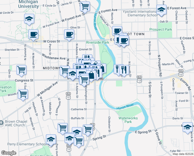 map of restaurants, bars, coffee shops, grocery stores, and more near in Ypsilanti