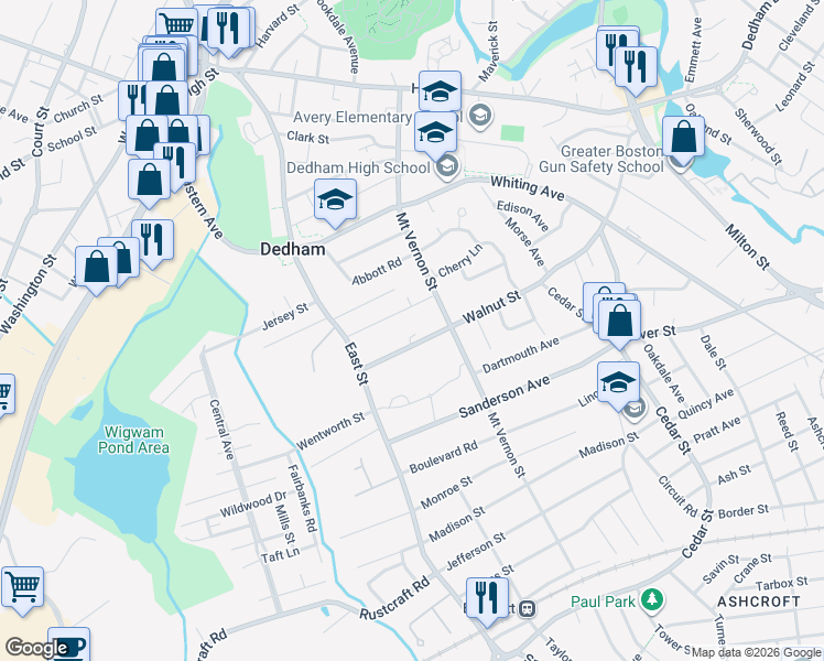 map of restaurants, bars, coffee shops, grocery stores, and more near 277 Walnut Street in Dedham