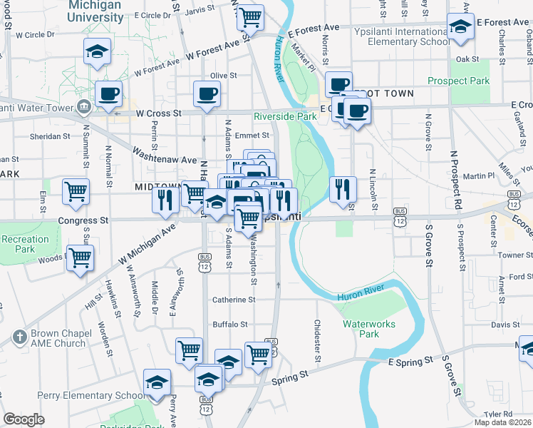 map of restaurants, bars, coffee shops, grocery stores, and more near 10 North Washington Street in Ypsilanti