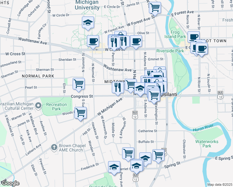 map of restaurants, bars, coffee shops, grocery stores, and more near 514 Congress Street in Ypsilanti