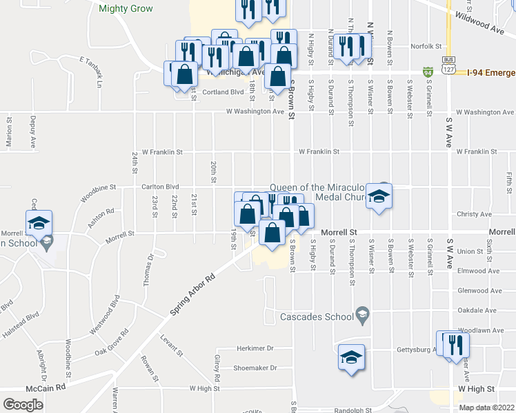 map of restaurants, bars, coffee shops, grocery stores, and more near 725 18th Street in Jackson