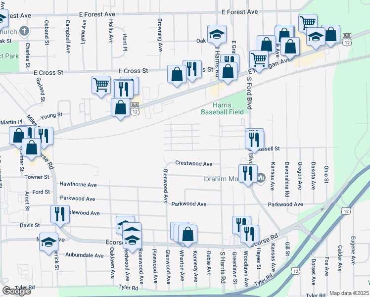 map of restaurants, bars, coffee shops, grocery stores, and more near 1267 Russell Street in Ypsilanti