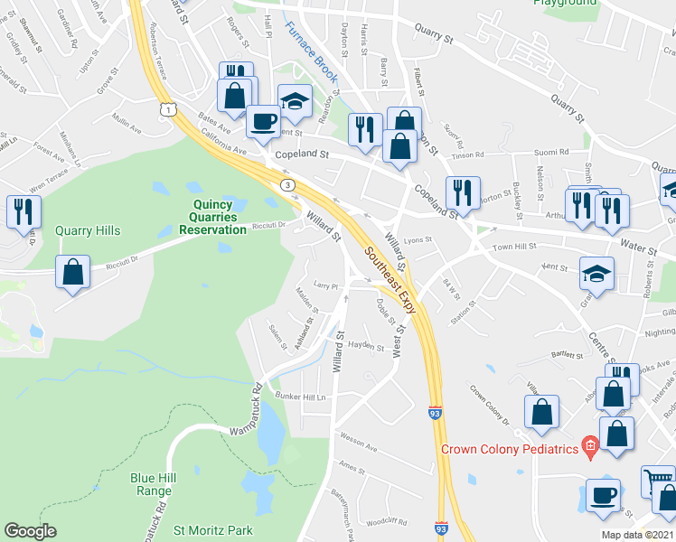 map of restaurants, bars, coffee shops, grocery stores, and more near 459 Willard Street in Quincy